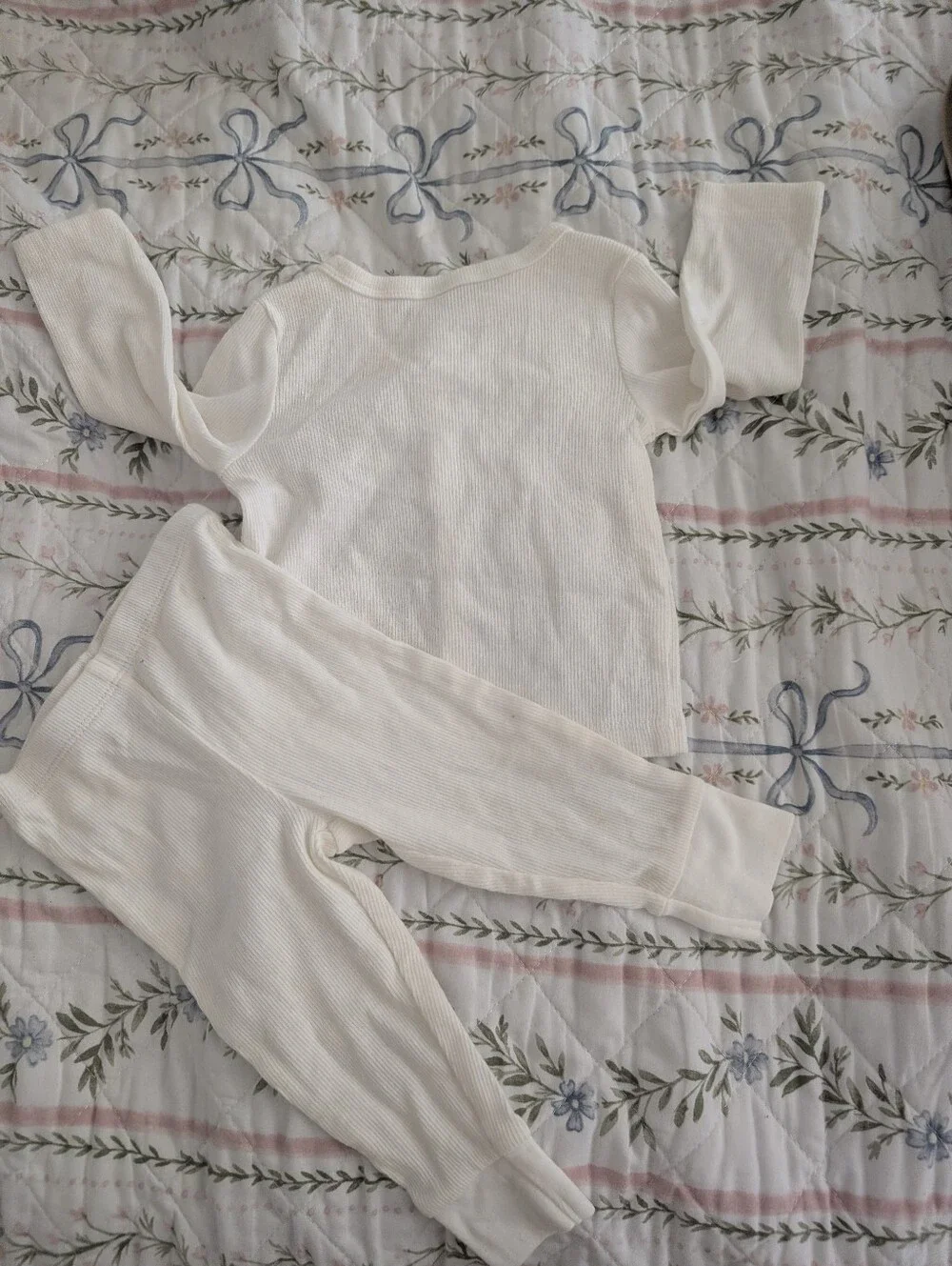 White Ribbed Cotton Kids Pajama Set - Long Sleeve Button Top & Pants